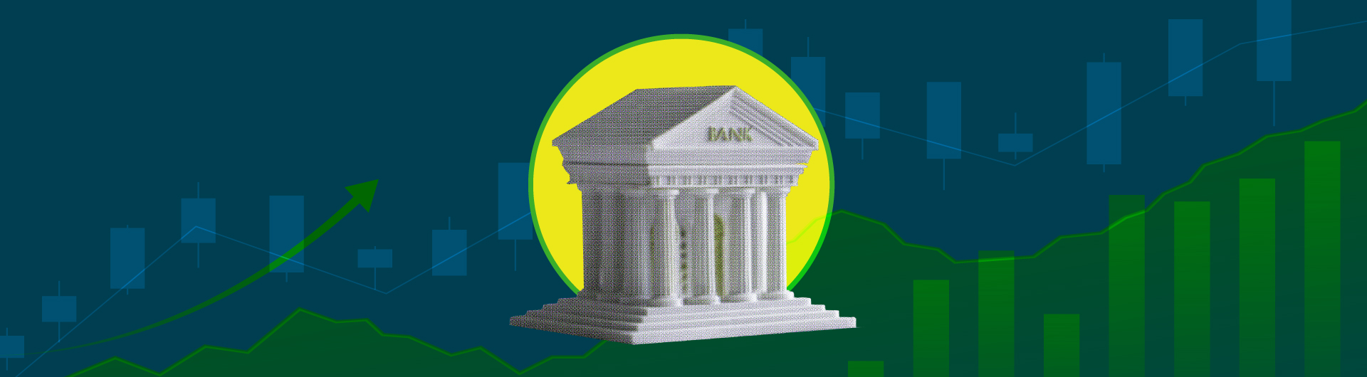 Bank building with colors behind it